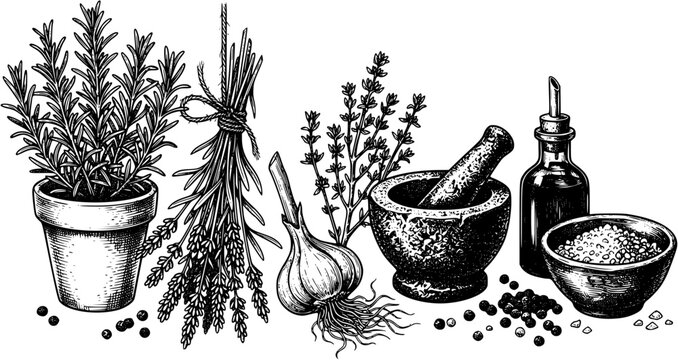 Hand drawn culinary herbs and spices with mortar and pestle, rosemary in pot and lavender bouquet with garlic and peppercorns