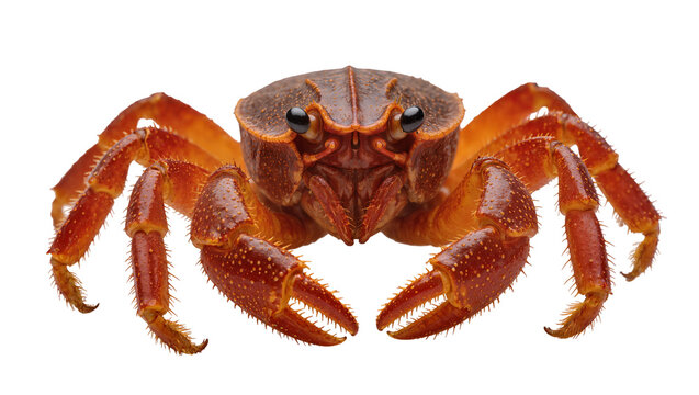 Red crab with large claws and spiky legs on white