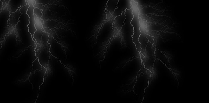 Lightning bolts on black background, electricity storm effect