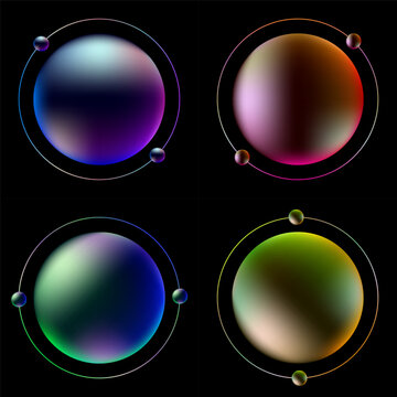 Four vibrant futuristic 3D gradient spheres with cosmic orbital rings and moons isolated on black background
