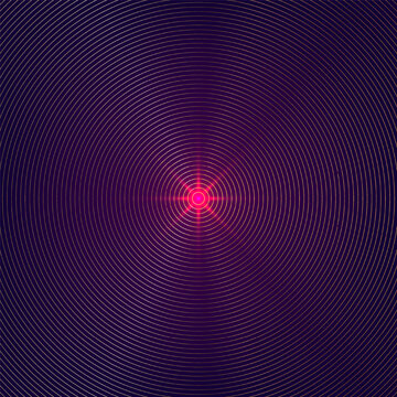 Abstract golden concentric circles expanding from a glowing pink starburst center on dark purple background, luxury cosmic tech design