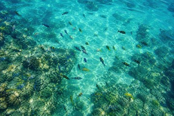 Obraz premium High angle view of tropical fish swimming over a coral reef in clear turquoise ocean water.