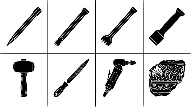 Set of stone carving and masonry tools including chisels, pneumatic die grinder, mallet, and ornamental relief sample