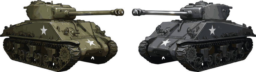 Two World War Two Military Battle Tanks in Green and Gray Colors Facing Each Other on White Background © Farzana