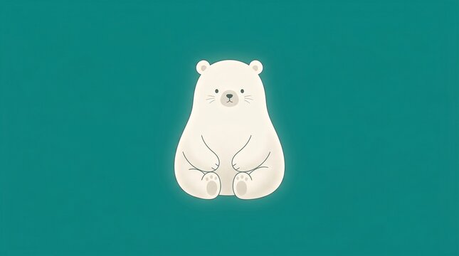 Minimalist White Bear Sitting Round Pudgy Front View Teal Background Cute Art