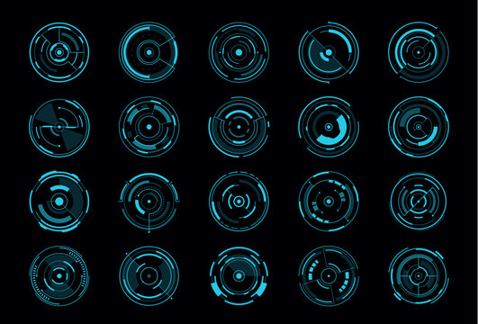 HUD navigation tracking sonar, aim control target interface element. Digital circle screens of submarine sonar, airplane or spaceship radar for target detect, military, war and Sci Fi game UI set