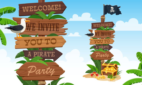Pirate party invitation with wooden signboard, skull black flag and corsair chest, funny crab and seagull at treasure island. Pirate party invitation sign boards on post, treasure hunt game guidepost