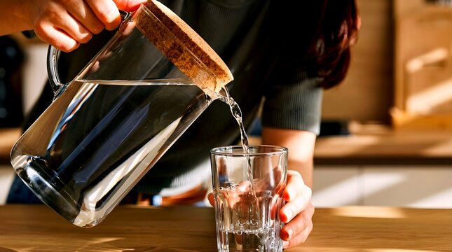 Close-up of a person pouring fresh water from a glass carafe with a cork lid into a glass on a wooden table, conceptualizing body hydration, health editorial, and daily wellness.