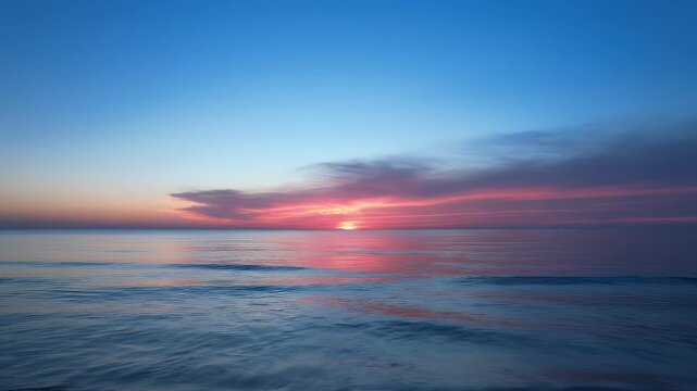 Soft pink and orange clouds catch the last rays of the setting sun over the calm ocean