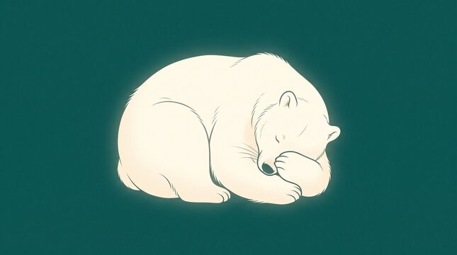 Minimalist White Bear Sleeping Hibernating Cozy Teal Background Peaceful Rest Art