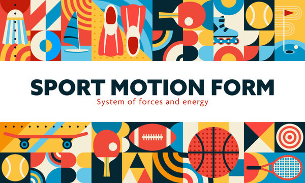 Sport banner with mosaic geometric pattern elements and abstract shapes on background. Sport pattern of geometric soccer or football, rugby and tennis or golf ball with basketball and skateboard