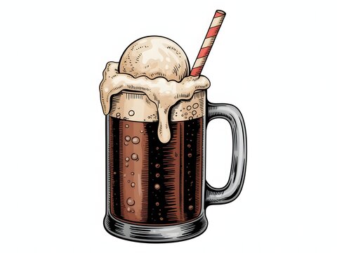 Hand drawn illustration of a root beer float in a glass mug with a straw isolated on white background