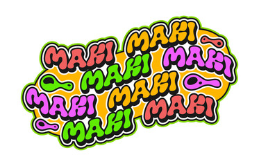 Asian cuisine maki sushi retro Y2K sticker or tag. Japanese cuisine menu Y2K sticker, sushi delicacy retro vector label. Japan seafood meal vintage tag or patch with funky colorful typography text © Vector Tradition