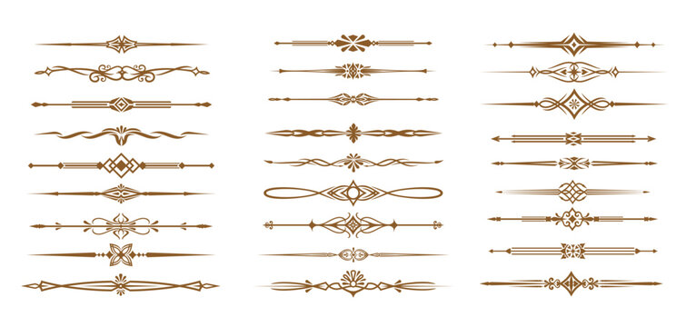 Vintage decorative medieval dividers and border frames with vector embellishments, floral motifs and ornamental flourishes. Unique intricate pattern vintage dividers set with flowers, hearts, arrows