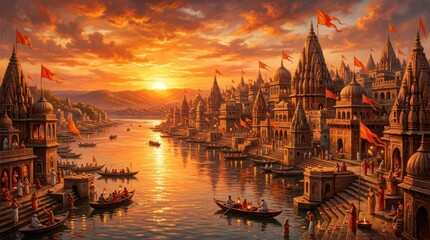 Naklejka premium Fantasy Medieval City At Sunset River