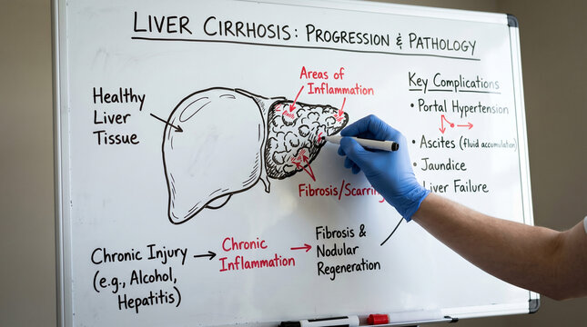 Diagram explaining liver cirrhosis progression and pathology. The diagram shows a healthy liver and an inflamed, scarred liver, with annotations about causes and complications