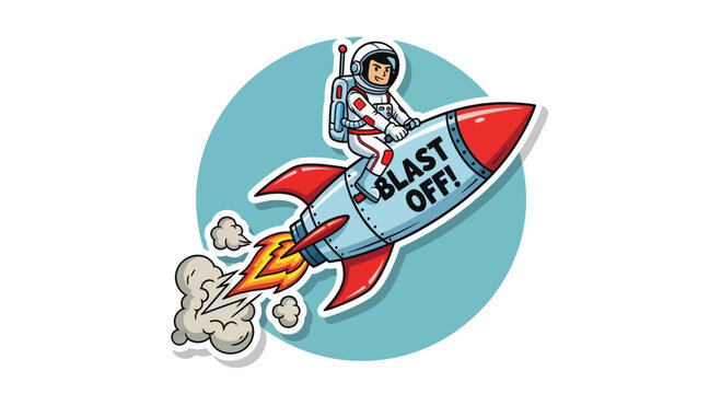Astronaut on rocket with blast off text space exploration illustration