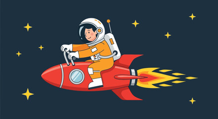Fototapeta premium Astronaut riding a rocket in space with stars and dark blue background