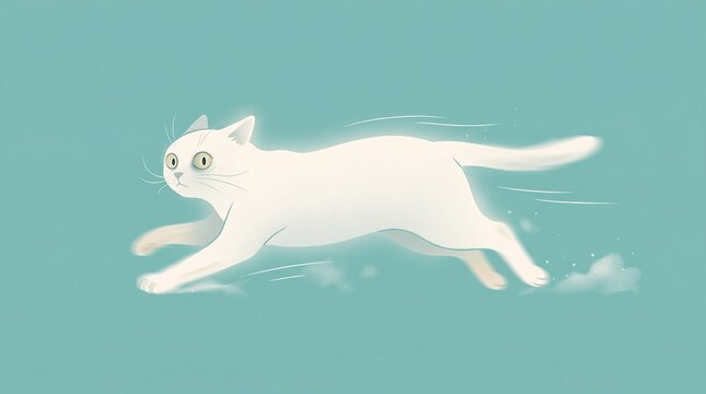 Minimalist White Cat Midnight Zoomies Running Blur Teal Background Wild Energy