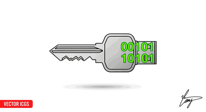 Digital key with green binary code representing cybersecurity, data encryption, secure access, and information protection concept