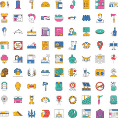Naklejka premium Comprehensive collection of modern flat line icons covering a wide range of business concepts, human health, cultural symbols, and various daily life objects, ideal for web and print design