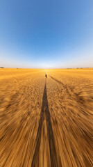Fototapeta premium Golden Horizon: A lone figure casts a long shadow across a vast expanse of golden dry grass under a clear blue sky, creating a sense of solitude and journey