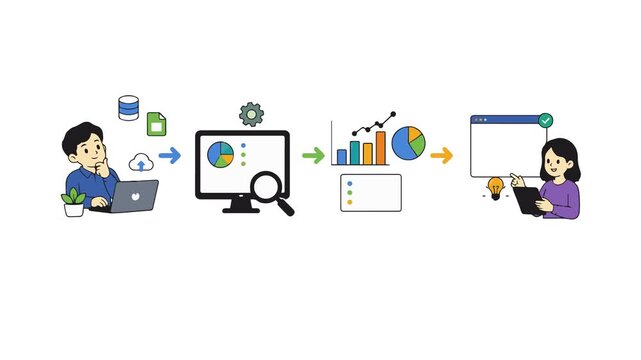 Data processing workflow vector animation. Business analysis analytics and machine learning concept.