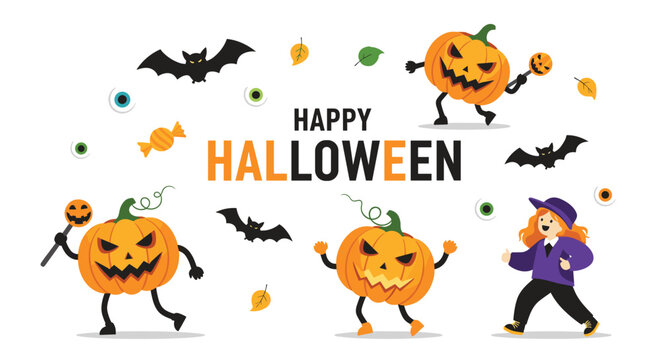 Fun Happy Halloween greeting with dancing pumpkin monsters flying bats creepy eyes and a girl in a costume.