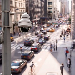 Obraz premium Security Camera Watches Over Busy City Street During Late Afternoon Traffic