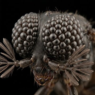 Extreme microscopic 3/4 view of male Strepsiptera head showing raspberry-like compound eyes