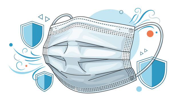 Light blue surgical face mask surrounded by blue shield icons and stylized air flow swirls for health protection.