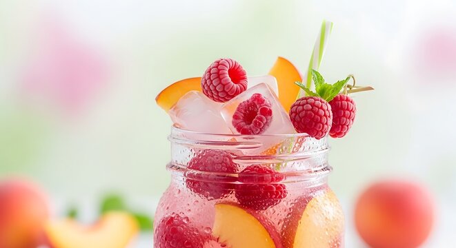 Refreshing summer peach raspberry lemonade drink.