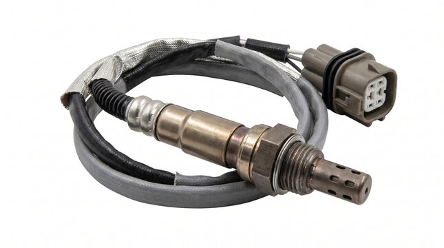 Close-up of automotive oxygen sensor with wire connector isolated on white background