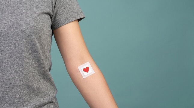 Medical nicotine patch with red heart on woman's arm, smoking cessation treatment concept, transdermal medication for heart health