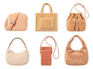 Stylish collection of six cozy fluffy fabric handbags and purses in neutral beige tones. © John