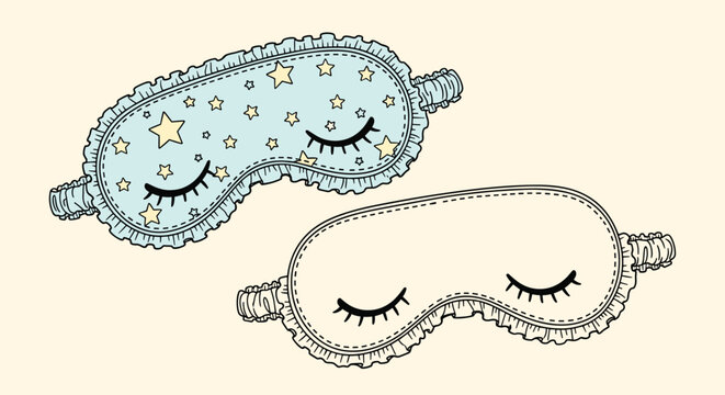 Pair of decorative sleep masks including one with a star and moon pattern and ruffles for a comfortable night sleep.