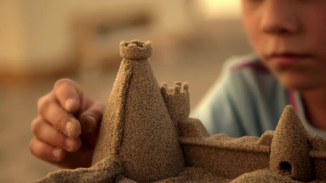 Young boy carefully building and observing intricate sandcastle indoors in gentle light