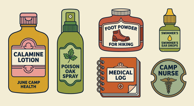 Camping and Hiking First Aid Kit Essentials Illustration. Outdoor Medicine, Health Supplies, Poison Oak Spray, Calamine Lotion, Foot Powder, and Medical Log.