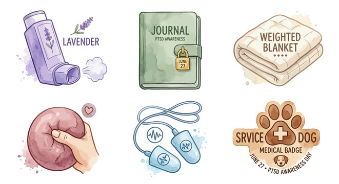 PTSD Awareness Day concepts: journaling, EMDR, weighted blanket, service dog, stress relief, lavender aroma therapy for mental health support.