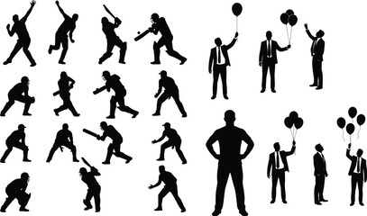 Obraz premium Cricket player action silhouettes and business people with balloons vector illustration collection set