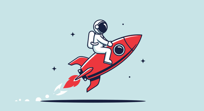 Astronaut riding red rocket through space concept vector illustration