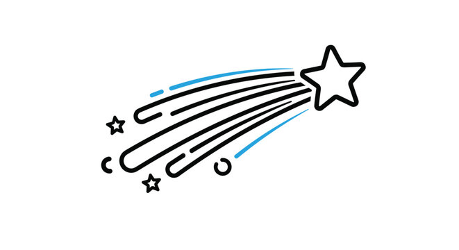 Simple shooting star icon with a five-pointed star and motion lines in black and blue represents a wish, a comet, or fast movement in space.