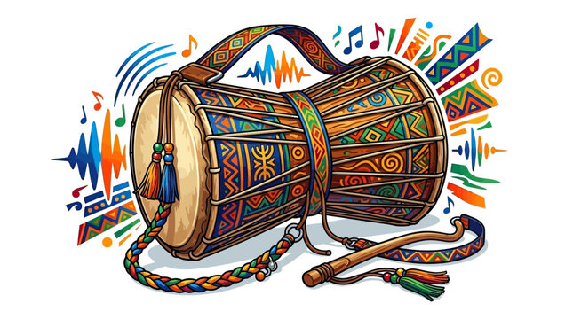 Vibrant djembe drum with colorful patterns and musical notes