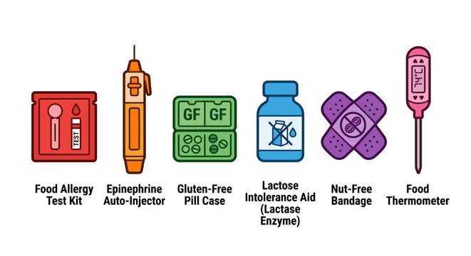 Essential Health Icons: Food Allergy Test, Epinephrine, Gluten-Free, Lactose Intolerance Aid, Nut-Free Bandage, Food Thermometer Set
