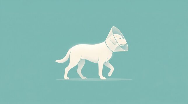Minimalist White Dog Wearing Cone Shame Walk Sad Teal Background Recovery Art