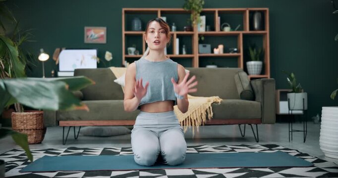Fitness, live stream and face of woman in home for health influencer, exercise channel and social media. Wellness post, online yoga lesson and virtual instructor or person in living room of house