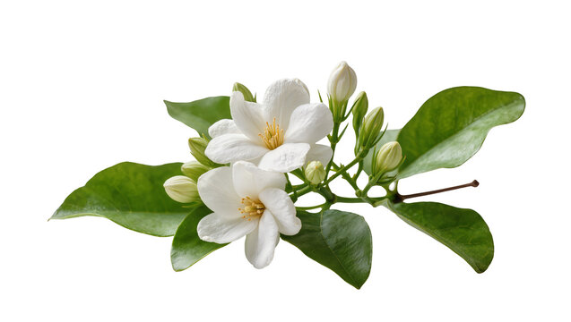 White jasmine flowers and buds on green leaves branch
