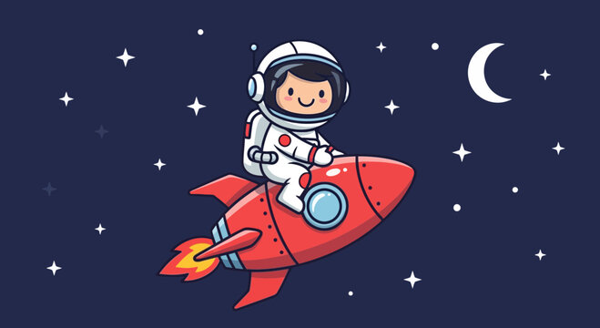 Astronaut riding rocket in space among stars and crescent moon