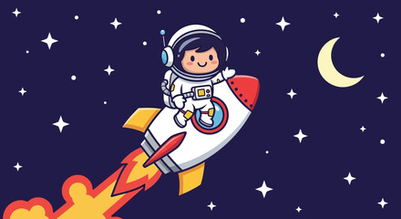 Fototapeta premium Astronaut riding rocket in space cartoon illustration for education and design