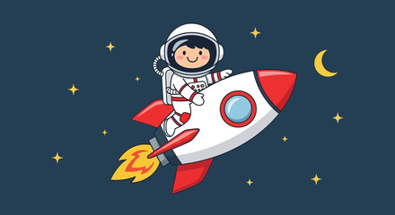 Naklejka premium Astronaut riding rocket in space with stars and moon illustration